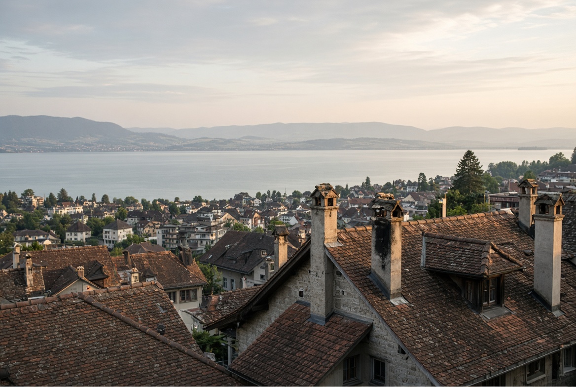 Dächer einer Seegemeinde, im Hintergrund der Bodensee und Hügel
