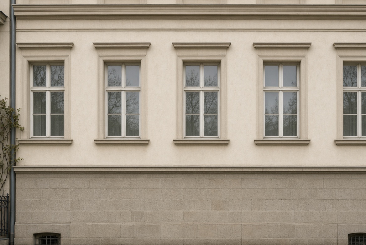 Sanierte Altbaufassade mit regelmässigen Fenstern und Steinsockel